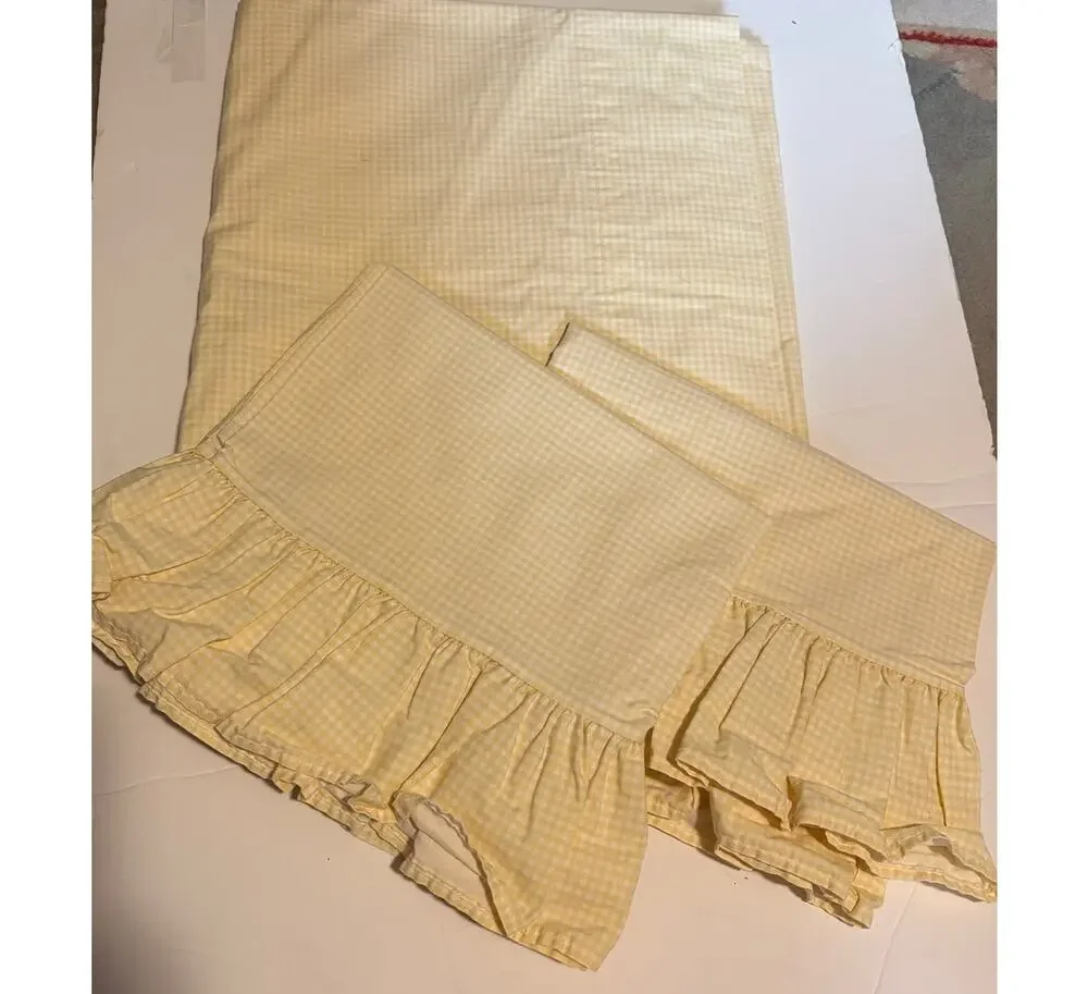 VTG Ralph Lauren Home Yellow Gingham Flat Sheet & Ruffled Pillowcases USA